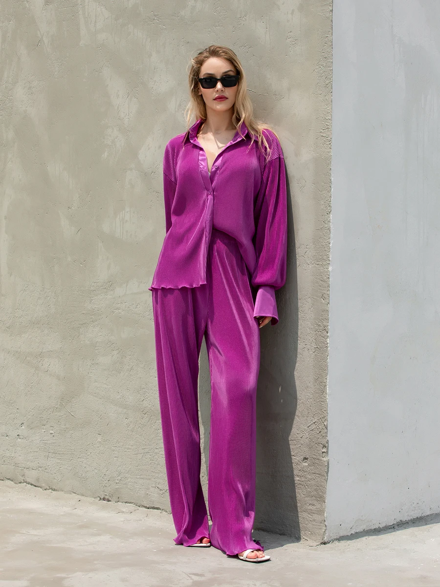 

New Fashion Two-Piece Pleated Shirts Pants Sets for Women Elegant Solid Color Loose Long Sleeve Lapel Button Tops+Pants Outfits