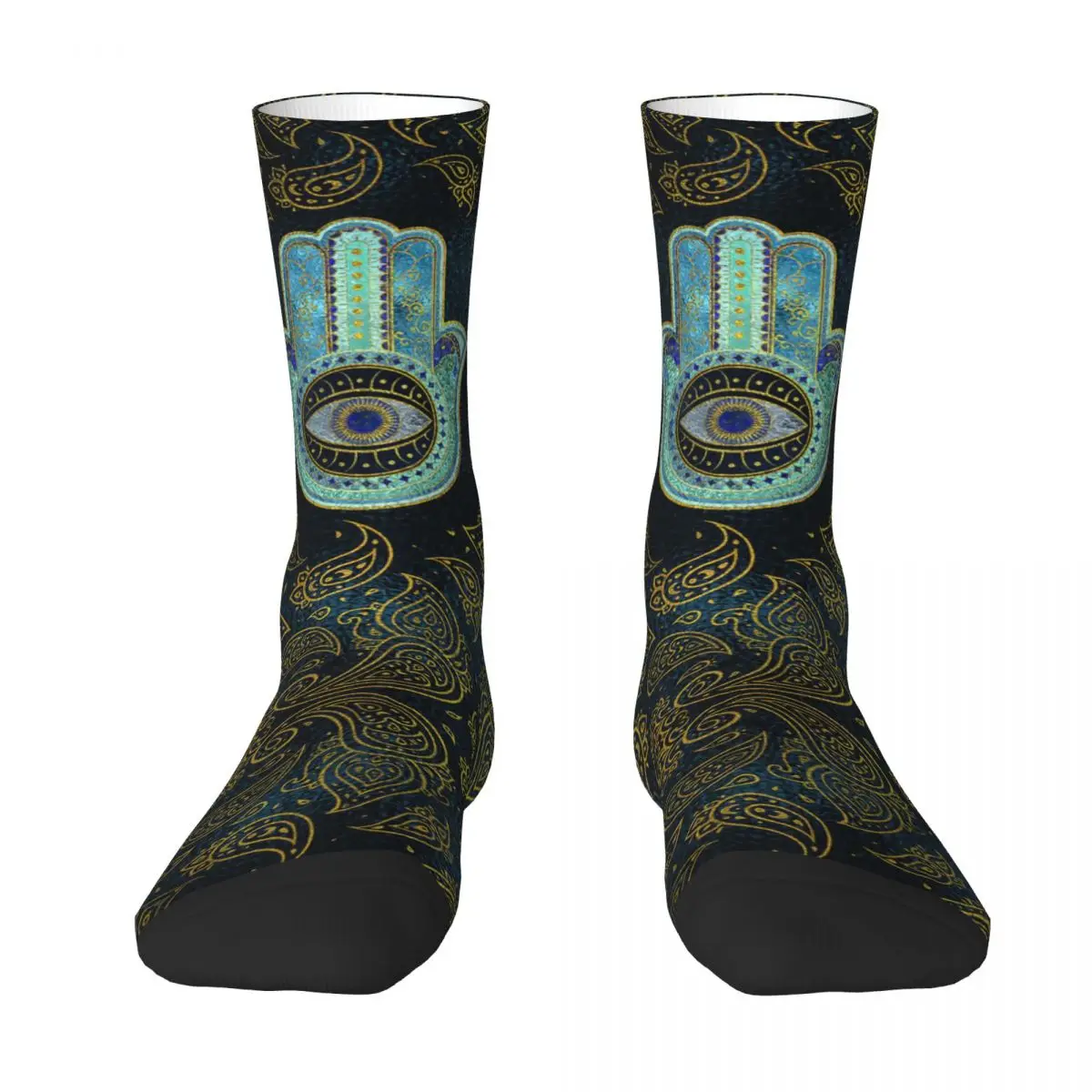 Hamsa decorativa de mano con fondo de Cachemira para adultos, calcetines Unisex, calcetines para hombre y mujer