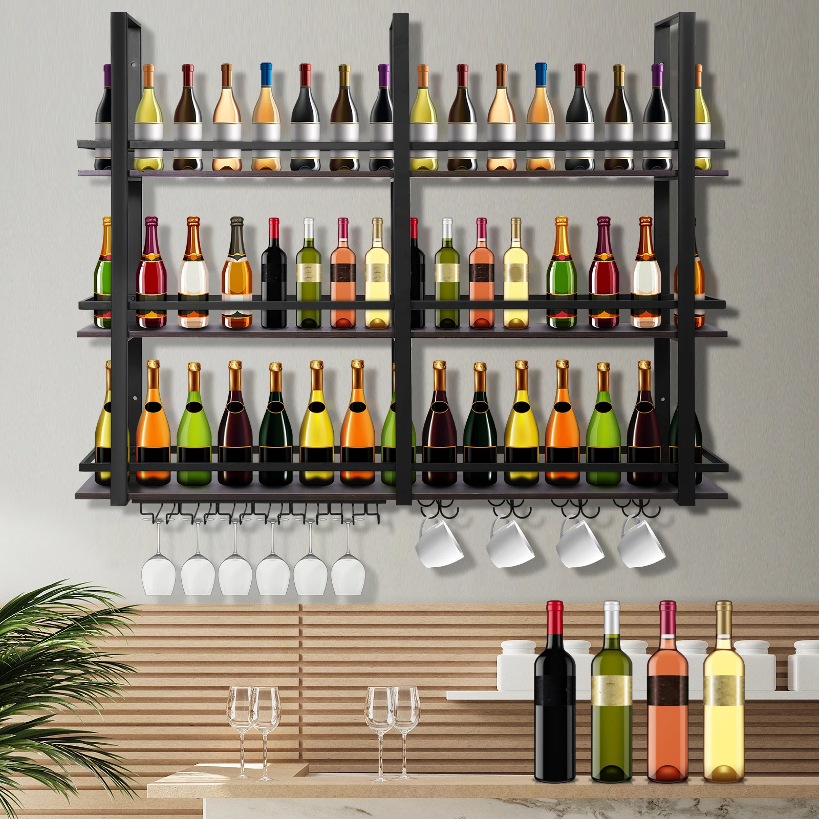 

Wall Mounted Wine Rack 3 Tier Wine Bottles Display Shelf with Glass Holder Wine Glass Bottle Rack for Home Dining Room & Kitchen