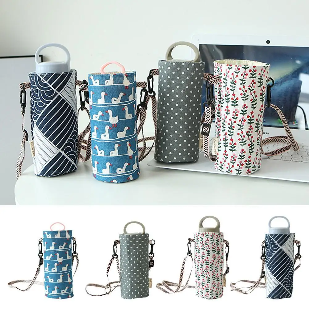 

Water Bottle Storage Bag Canvas Portable Water Bottle Holder Cute Cup Cover With Strap Insulator Sleeve Bag For Kids Accessories