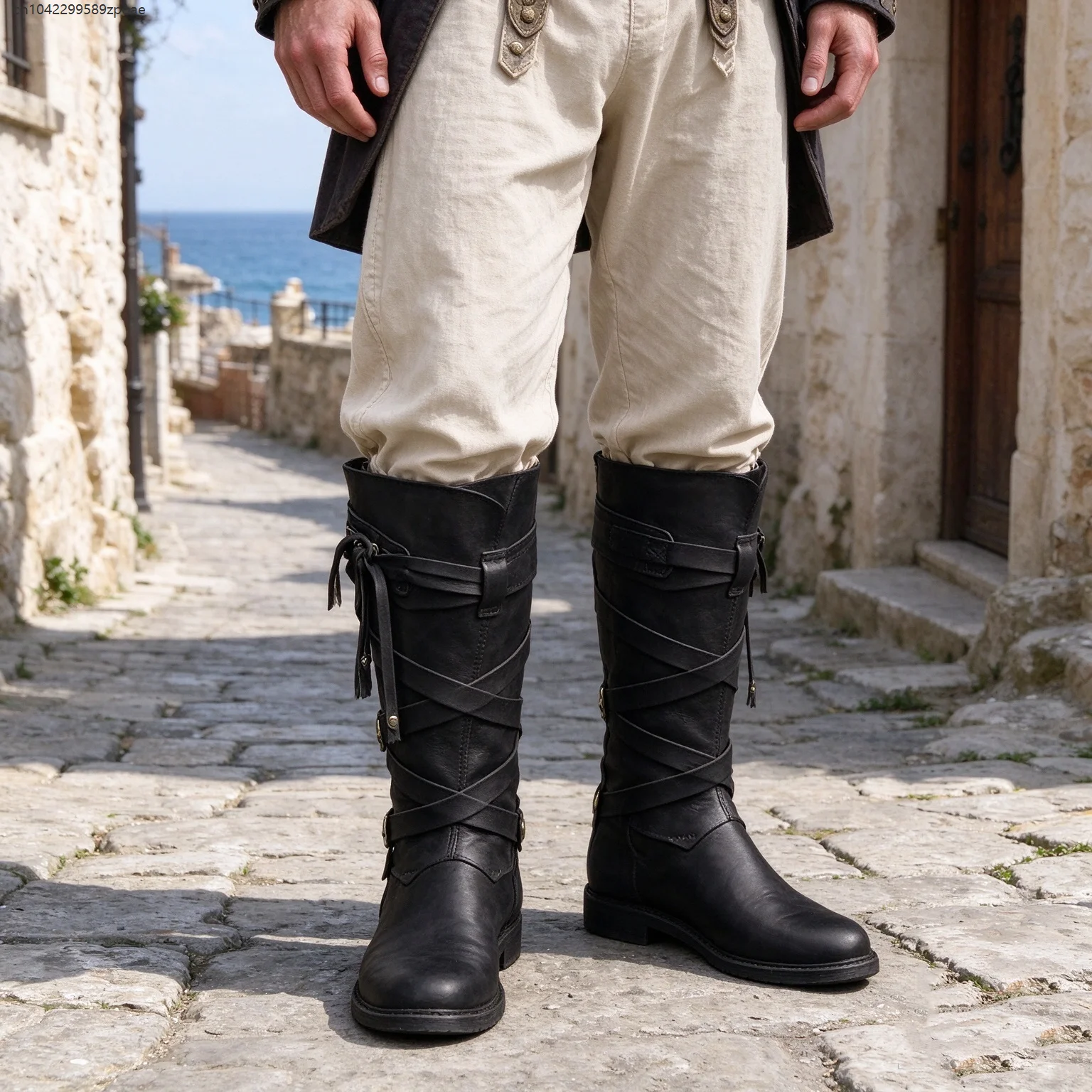 Medieval Warrior Cosplay Boots Vintage Distressed Pu Leather Cross Wrap Strap Mid Calf Boot Medieval Renaissance Cosplay Shoes