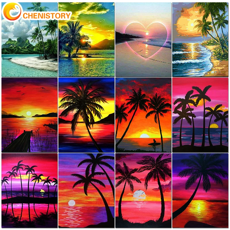 

CHENISTORY Painting By Numbers Kit Coconut Beach Scenery On Canvas Handmade Acrylic Paint Adults Drawing Diy Craft Picture Decor