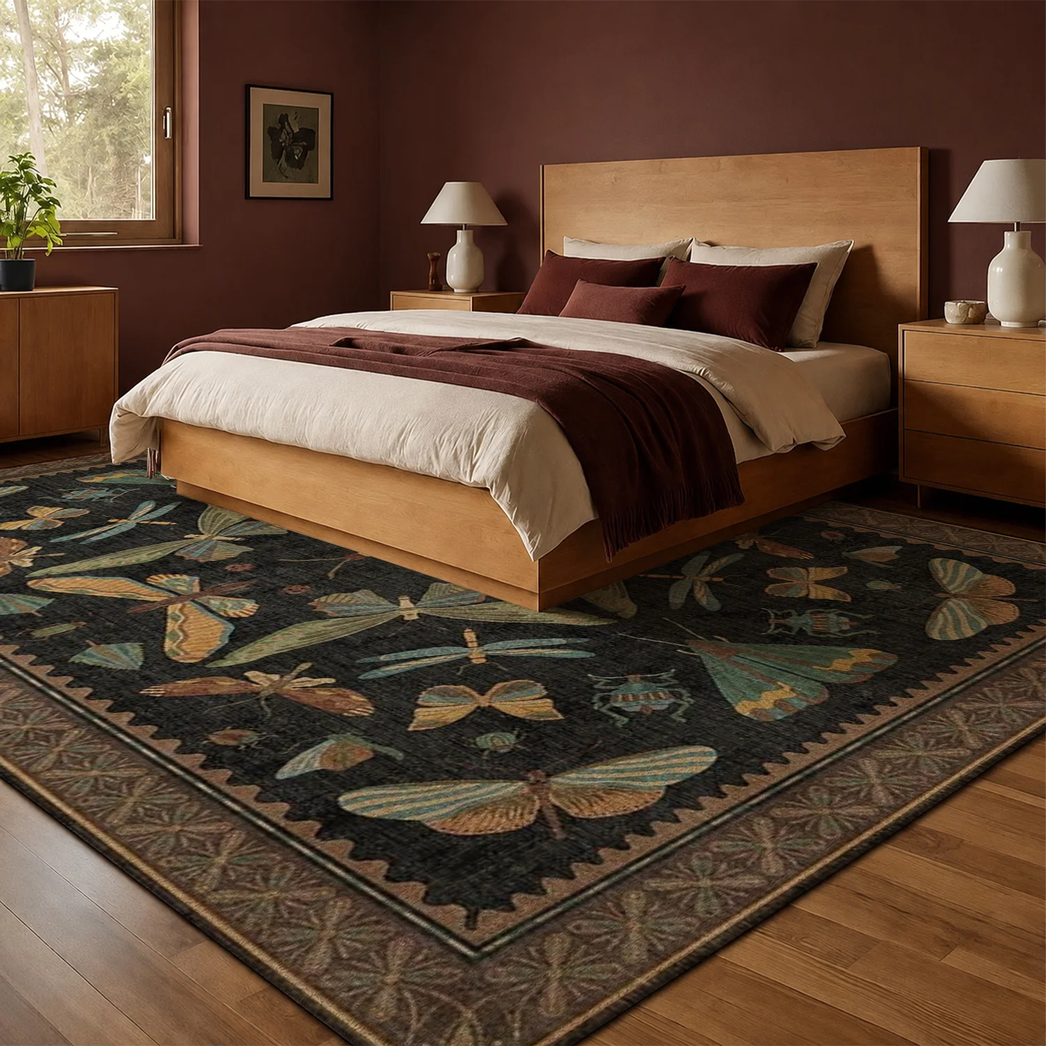 Large Indoor Area Rug, Soft Velvet Low Pile Floor Rug with Non-slip Dotted Backing, Machine Washable Vintage Moth & Butterfly Pattern Rug for Living Room Bedroom Home Decor