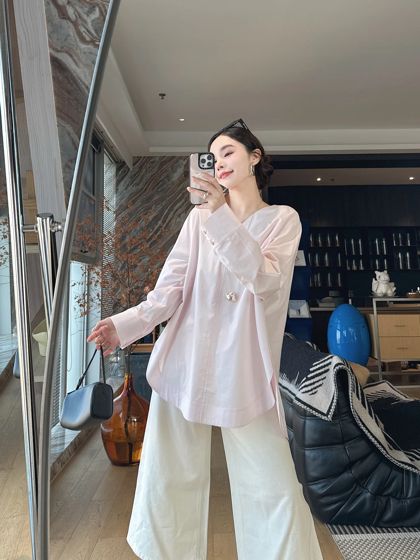 

Женская блузка Mandyen Spring Letter Lacy V-ne с длинным рукавом, свободного кроя, из шелка и хлопка, однотонная, в корейском стиле, дышащая