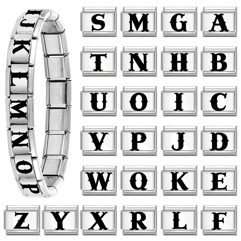New Laser Engraving 26 English A-Z Letters Custom Name Italian Charm Link Fit 9mm Stainless Steel Bangle DIY Jewelrys Wholesale