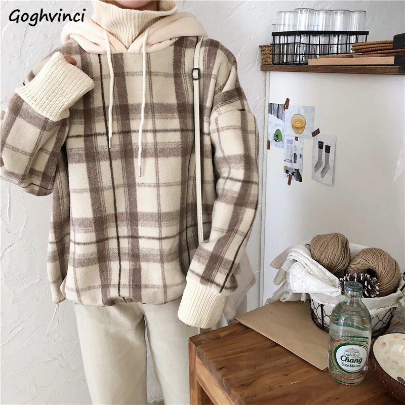 

Hoodies Women Plaid Turtle-neck Hooded Fake Two Pieces Womens Winter Thickening BF Harajuku Hot Sale Kpop Hoodie Ins Pullover