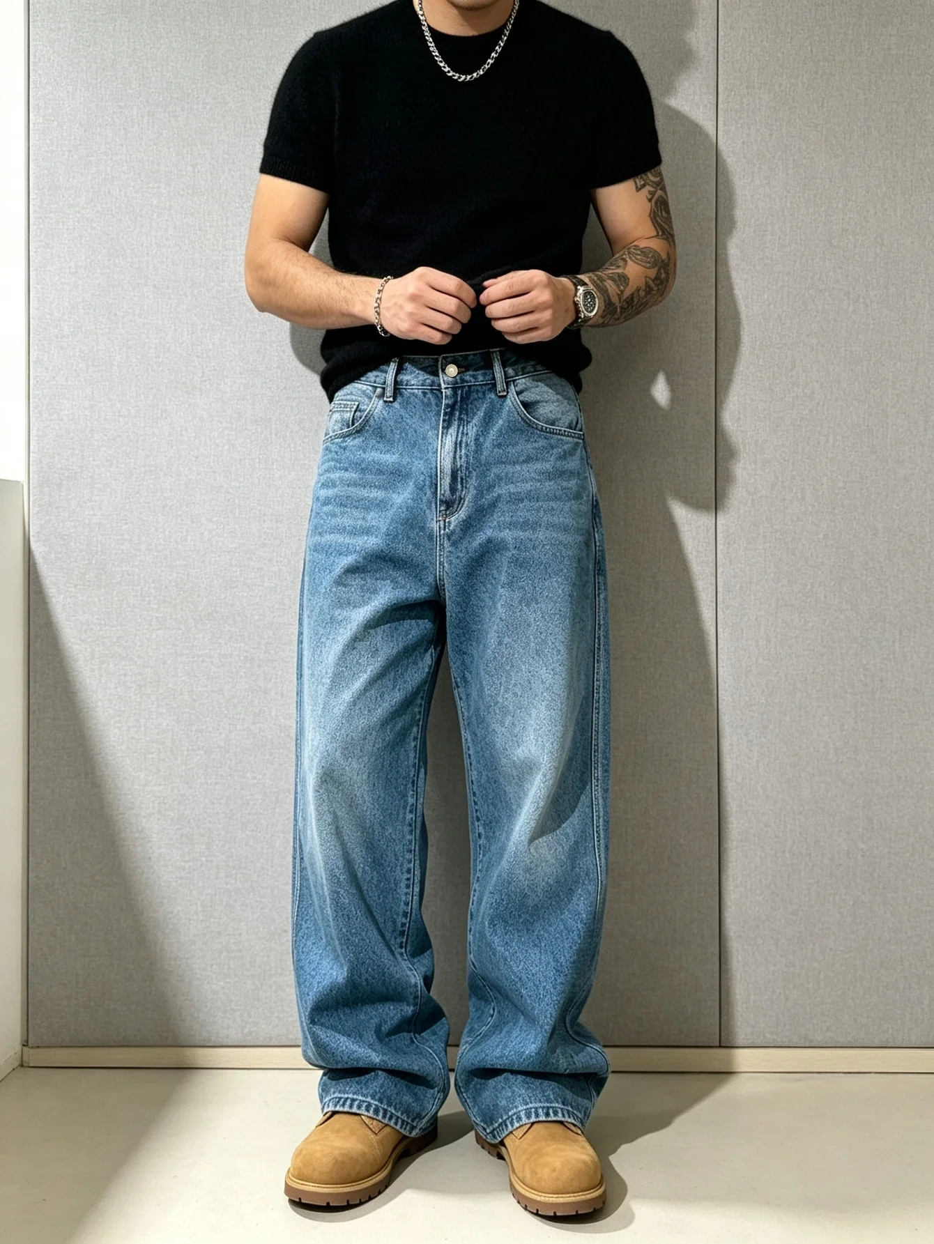 Street Skate Core Y2K Trendy American Street Medium Blue Wash Denim Trousers Simple Daily Matching Design, Heartfelt Anniversary