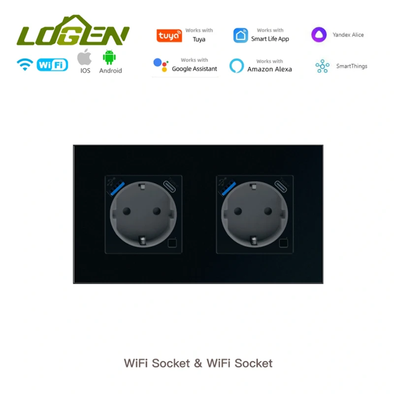 LOGEN 2/3Gang 1Way WiFi Smart Socket EU Socket with USB type-C Glass Panel Energy Monitoring Timer Schedule Tuya Need Neutral