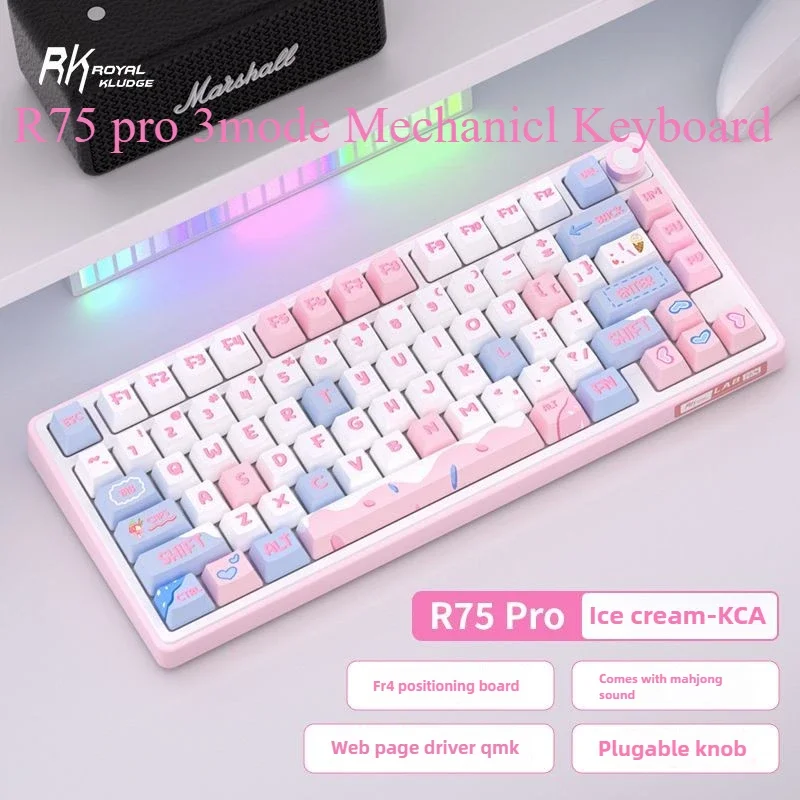 Royal Kludge R75 Gasket Wireless Gamer Keyboard 75% Custom 3 Mode RGB with Knob Hot Swappable, PBT Keycaps Mechanical Keyboard