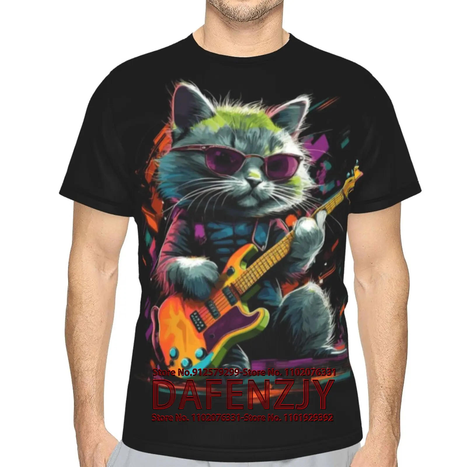 

Rock Music Cat 3D Print T-Shirts Funny Graphics Tees Crewneck Short Sleeve Tees for Mens Womens