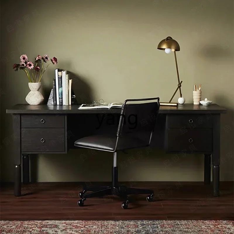 LTT American retro style solid wood desk French black multi-functional desk study computer desk