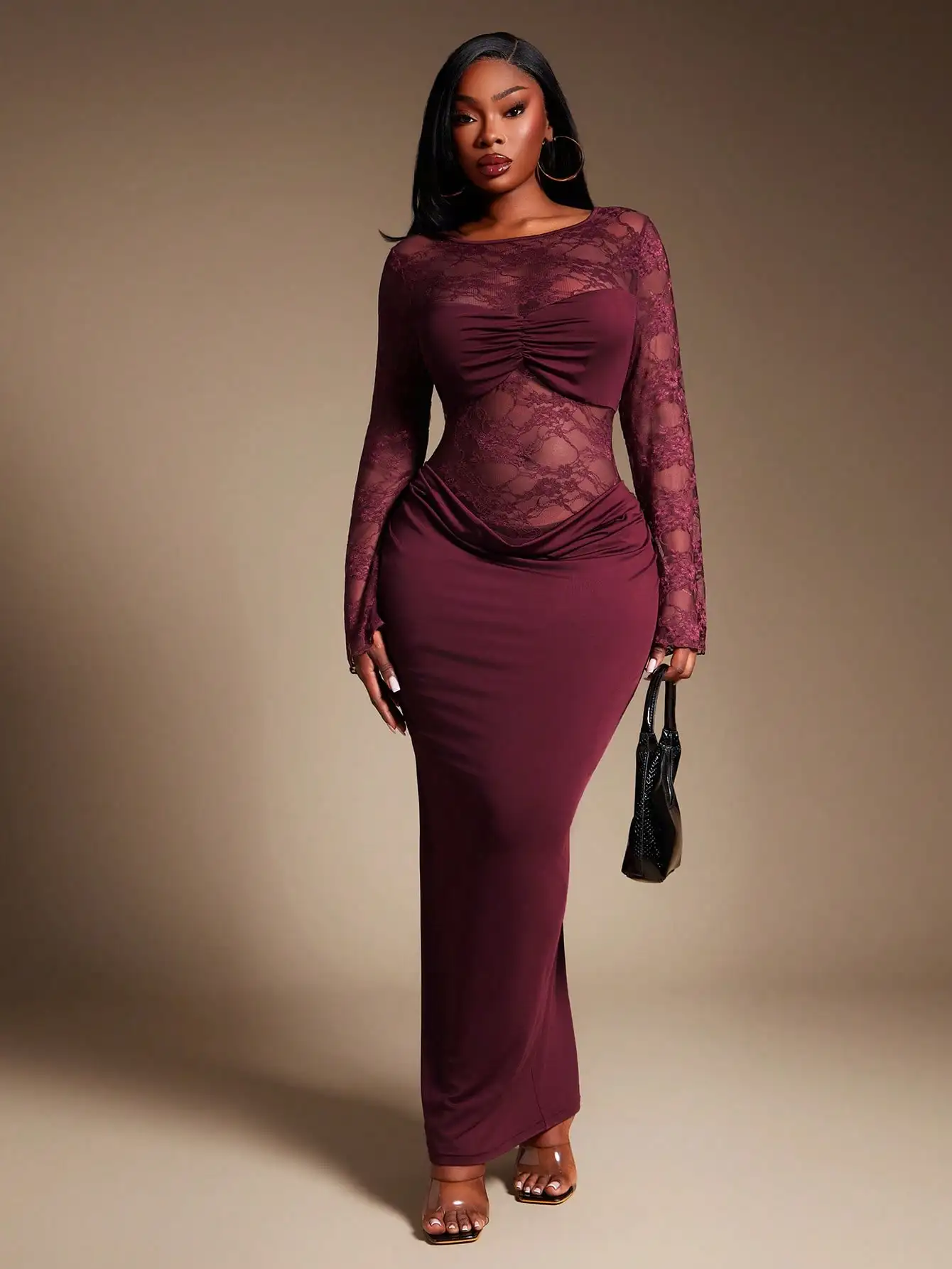 

Burgundy Plus Size Sheer Lace Long Sleeve Bodycon Dress with Draped Hem