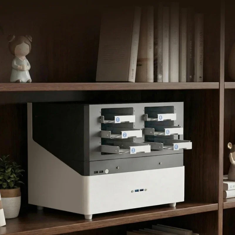 6-bay NAS chassis with SATA backplane, supporting 2.5-inch and 3.5-inch hard drives and solid-state drives; SFX power supply; DI