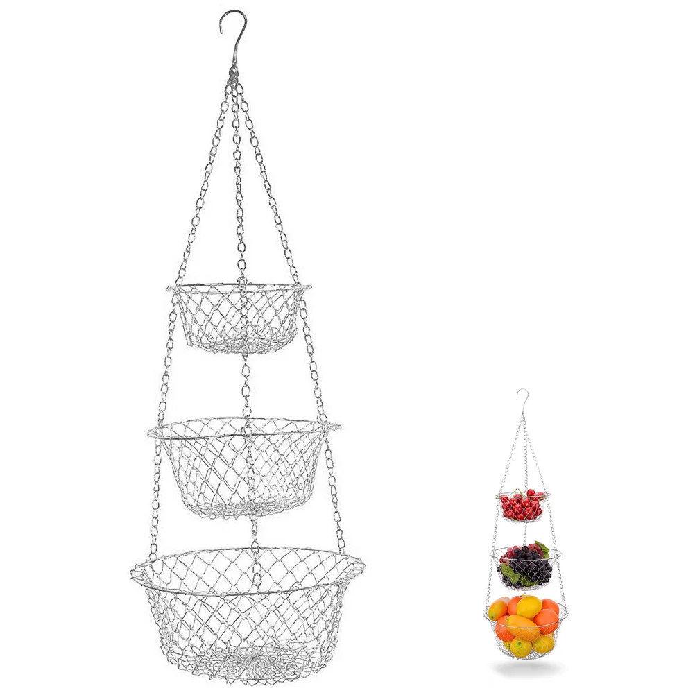 

Hanging Basket Wall Fruit Heavy Duty Wire Gold 3 Tier Fruits Vegetables Baskets for Kitchen