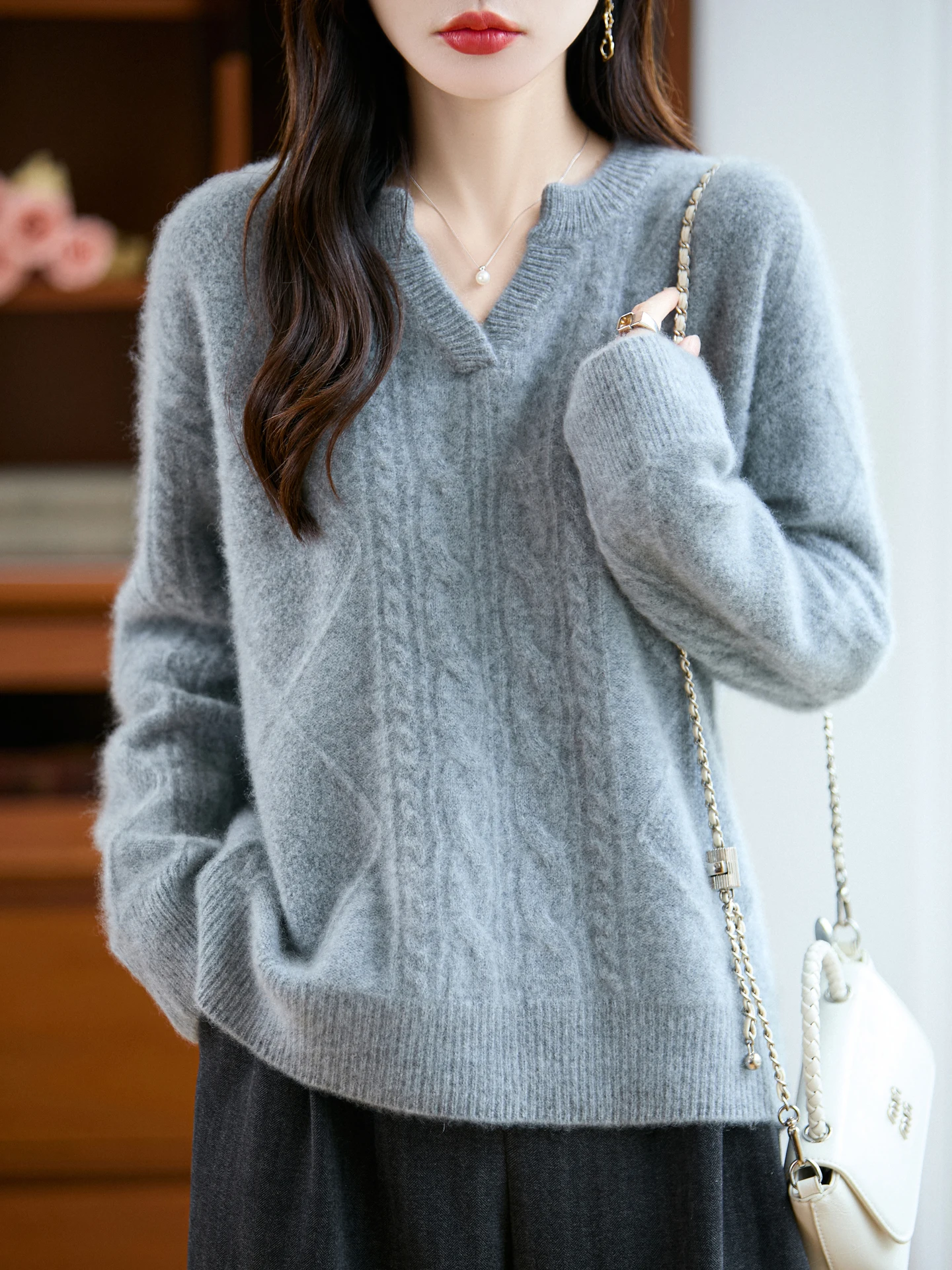 TLOML New Women V-neck Cable Knit Pullover Thick Cashmere Sweater Casual Loose 100% Merino Wool Knitwear Autumn Winter Warm Tops