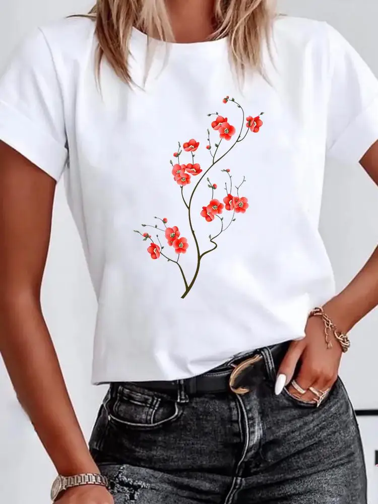 Graphic T-shirt Flower Floral Cute 90s Print T Shirt Fashion Women Summer Clothes Kawaii Basic Clothing Short Sleeve Tee Top