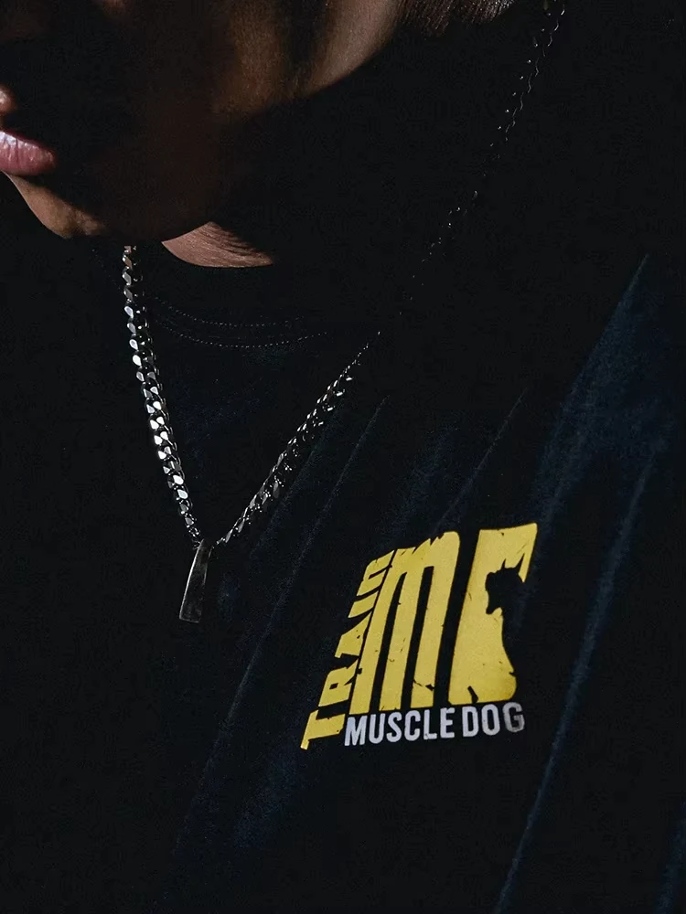 Muscle Dog Fitness Short Sleeve Men\'s Trend Summer American Print Loose Training Wear Athleisure Short Sleeve T-Shirt Harajuku