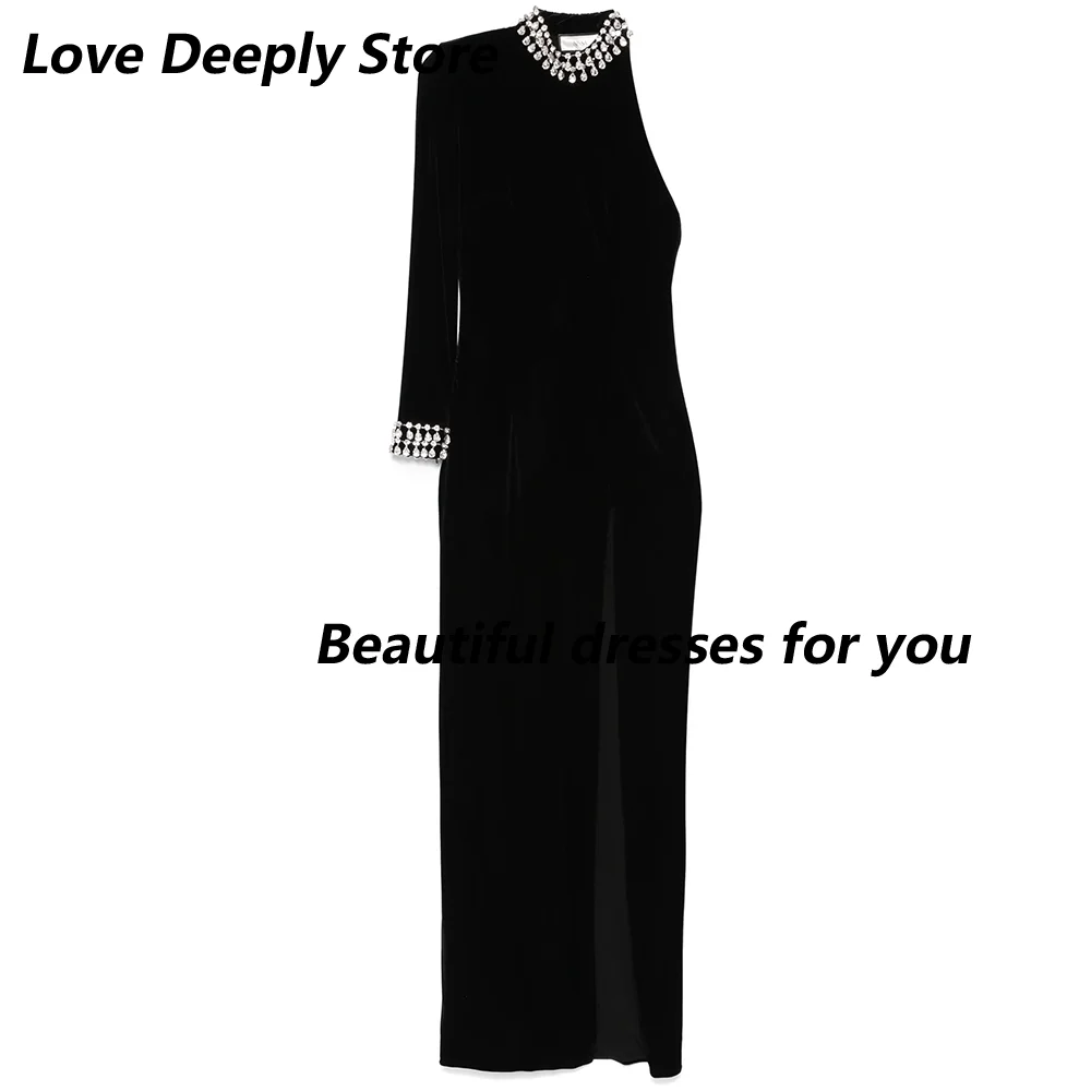 

Сексуальное выпускное платье на заказ с кристаллами, высоким воротом, одним длинным рукавом, черное, с разрезом, прямое, для вечеринок, Vestidos De Fiesta