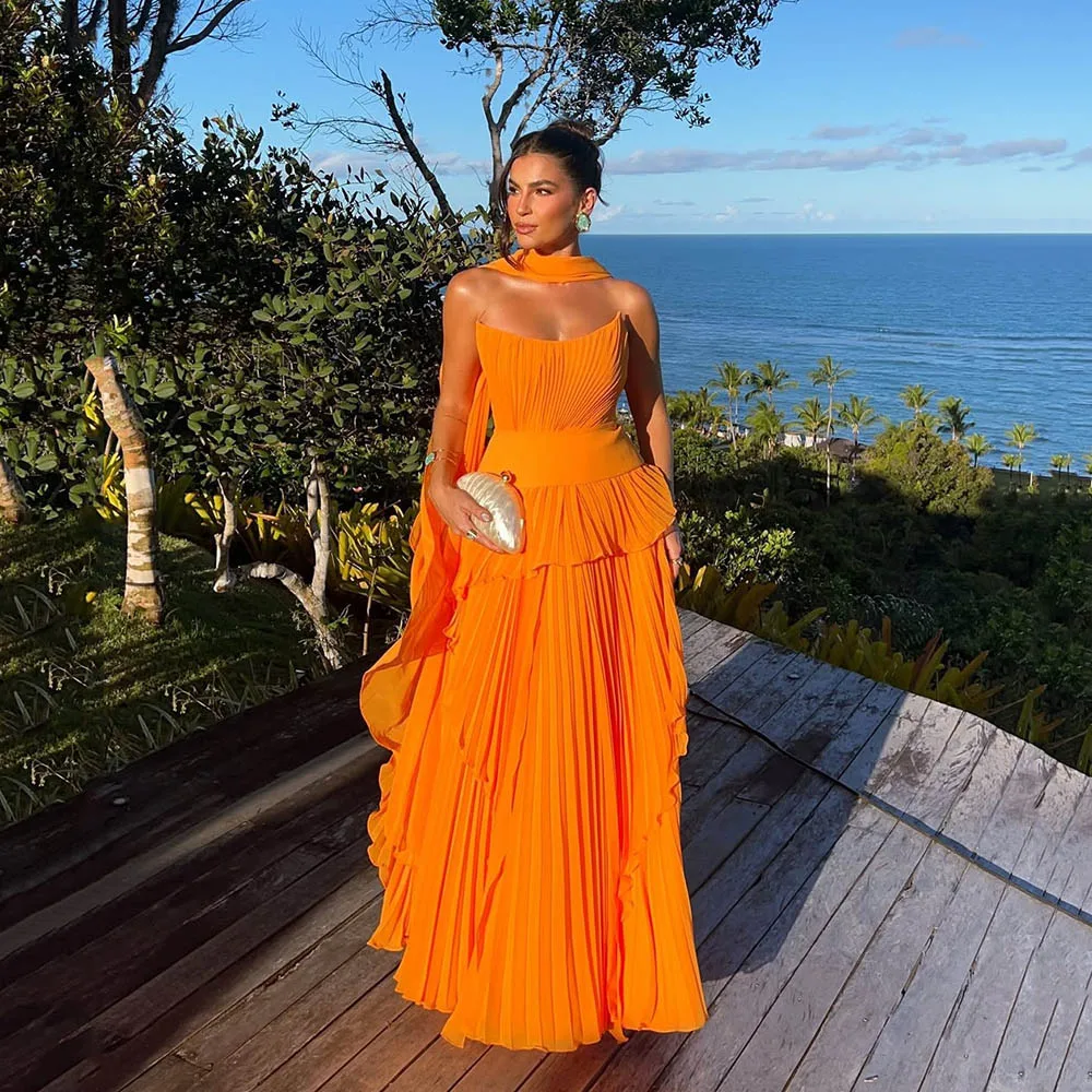 Galarity Luxus Orange Abendkleider Trägerlos Plissee Chiffon Elegantes Partykleid Damen Strand Formelles Ballkleid Maßgeschneidert