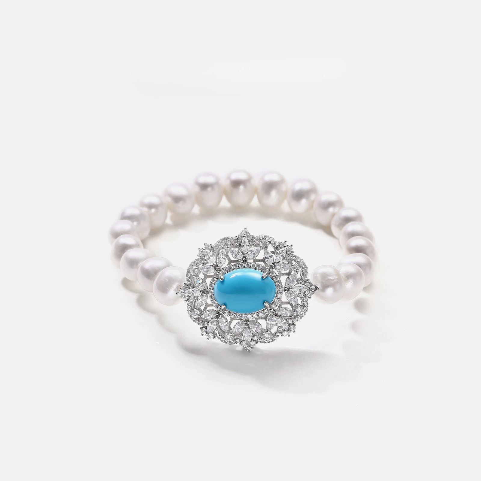 New S925 Pearl Bracelet Light Luxury Plated Gold High Carbon Diamond Blue Turquoise 8mm Wedding Jewelry