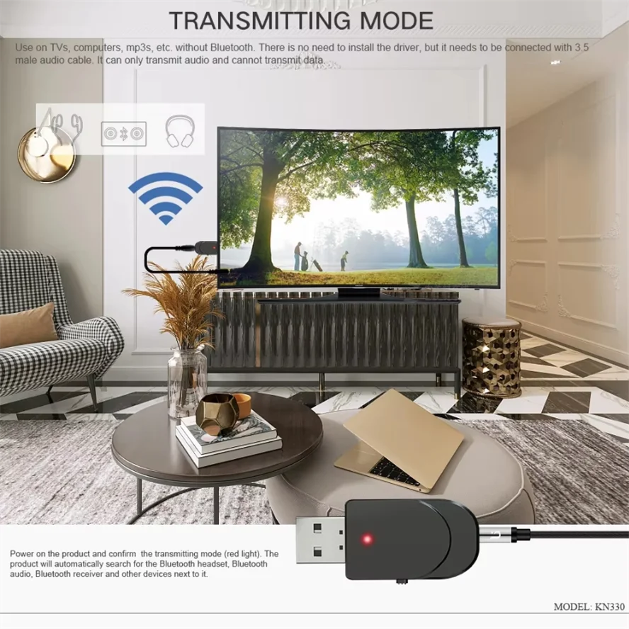 KN330 3 In 1 Penerima Pemancar Bluetooth 5.0 USB EDR Adaptor Dongle 3.5Mm AUX RCA untuk TV PC Headphone Stereo Rumah Mobil HIFI