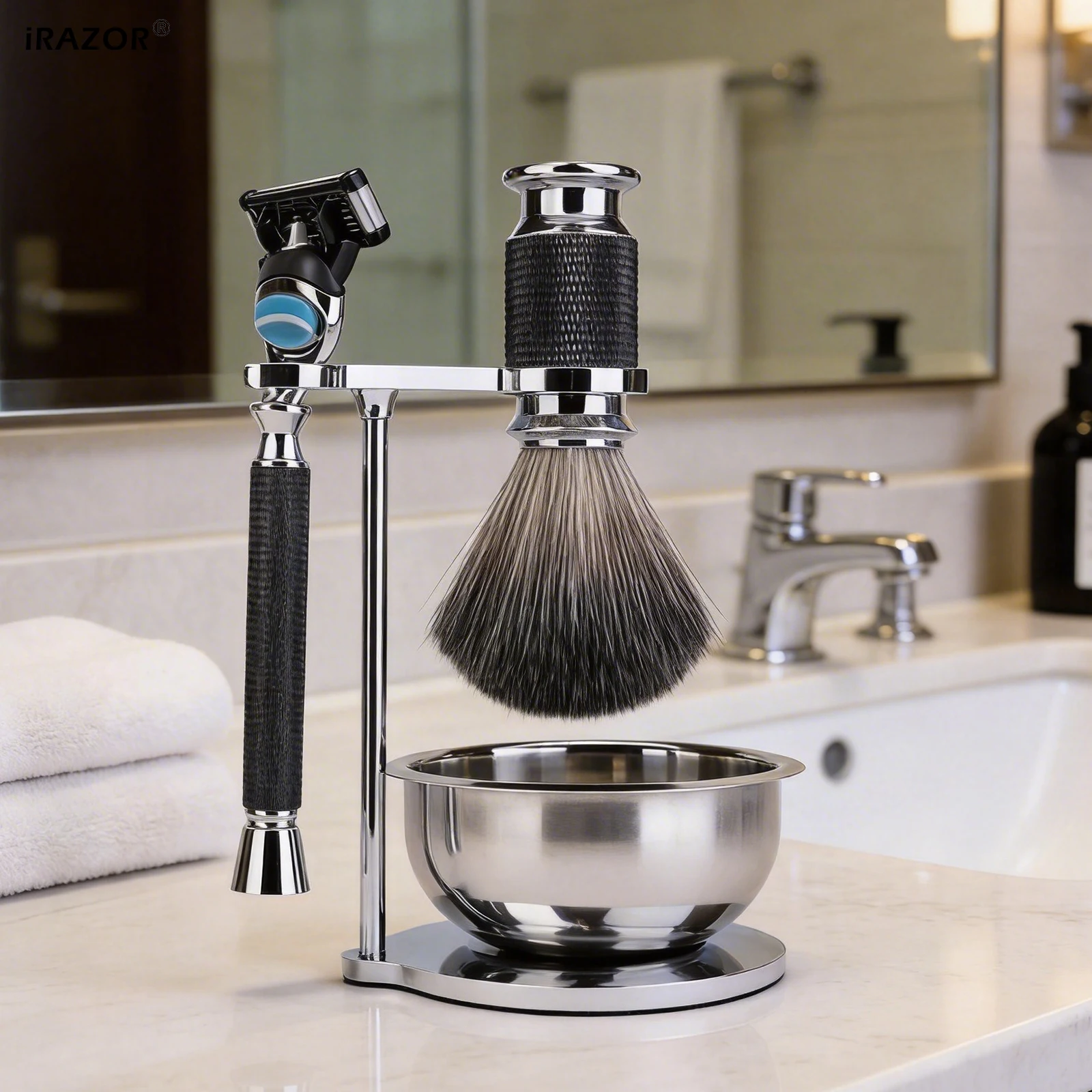 iRAZOR 4-Piece Grooming Shaving Kit for Men with 5-Blade Razor Synthetic Shave Brush Black Textured Handles-Father Husband Gift