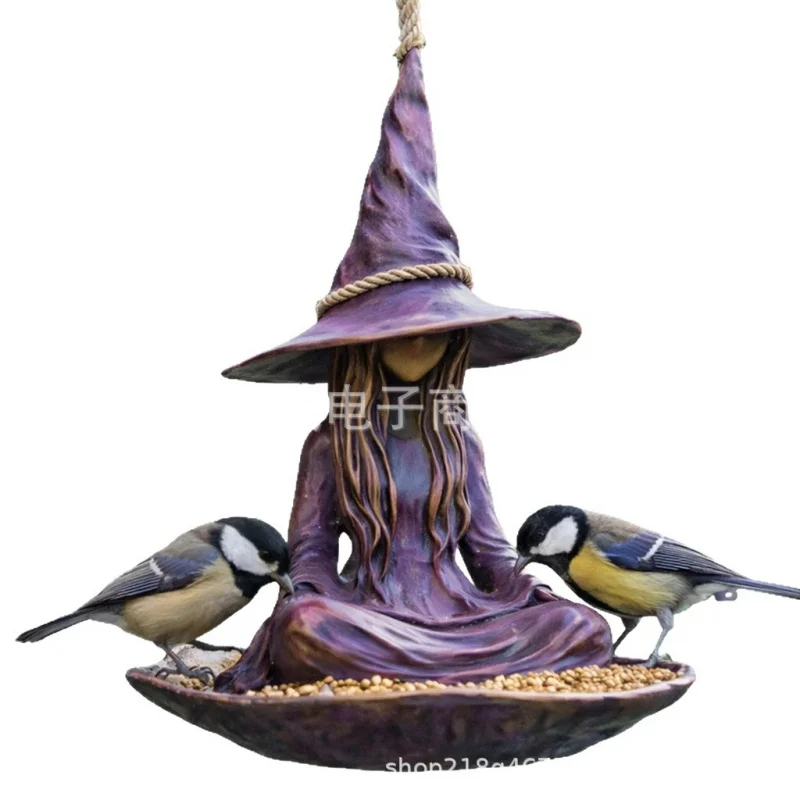 New Purple Clothes Wizard Bird Feeder Resin Craft Garden Yard Decoration Gift
