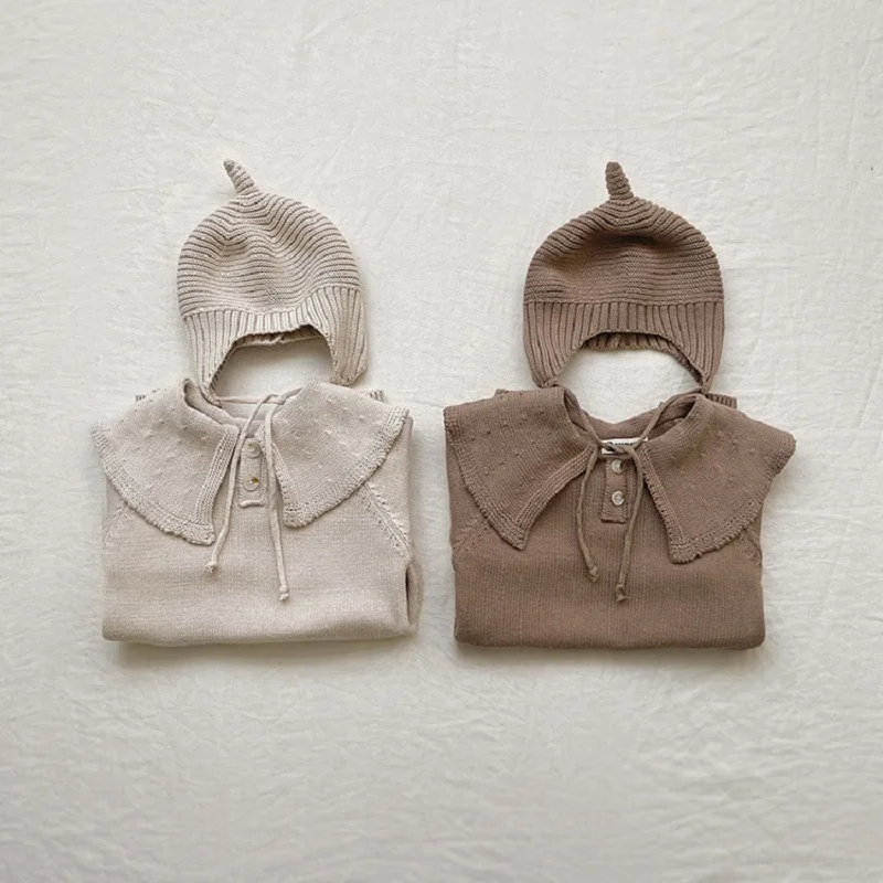 Baby jumpsuit autumn knitted long-sleeved jumpsuit boys and girls lapel simple cotton sweater romper + hat two-piece set