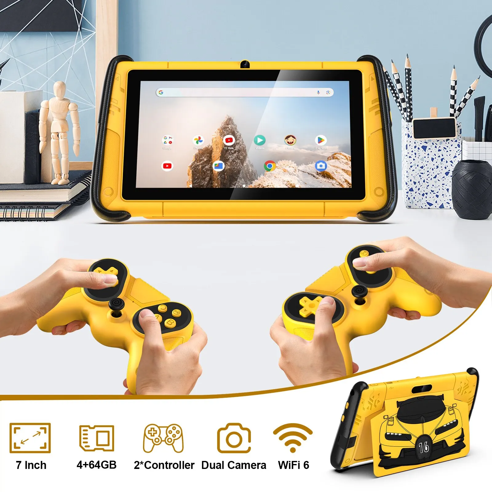 PRITOM 7 "Tablet Android 12 per bambini, 4GB RAM 64GB ROM, Software per bambini preinstallato, WiFi, con custodia a forma di auto sportiva Cool