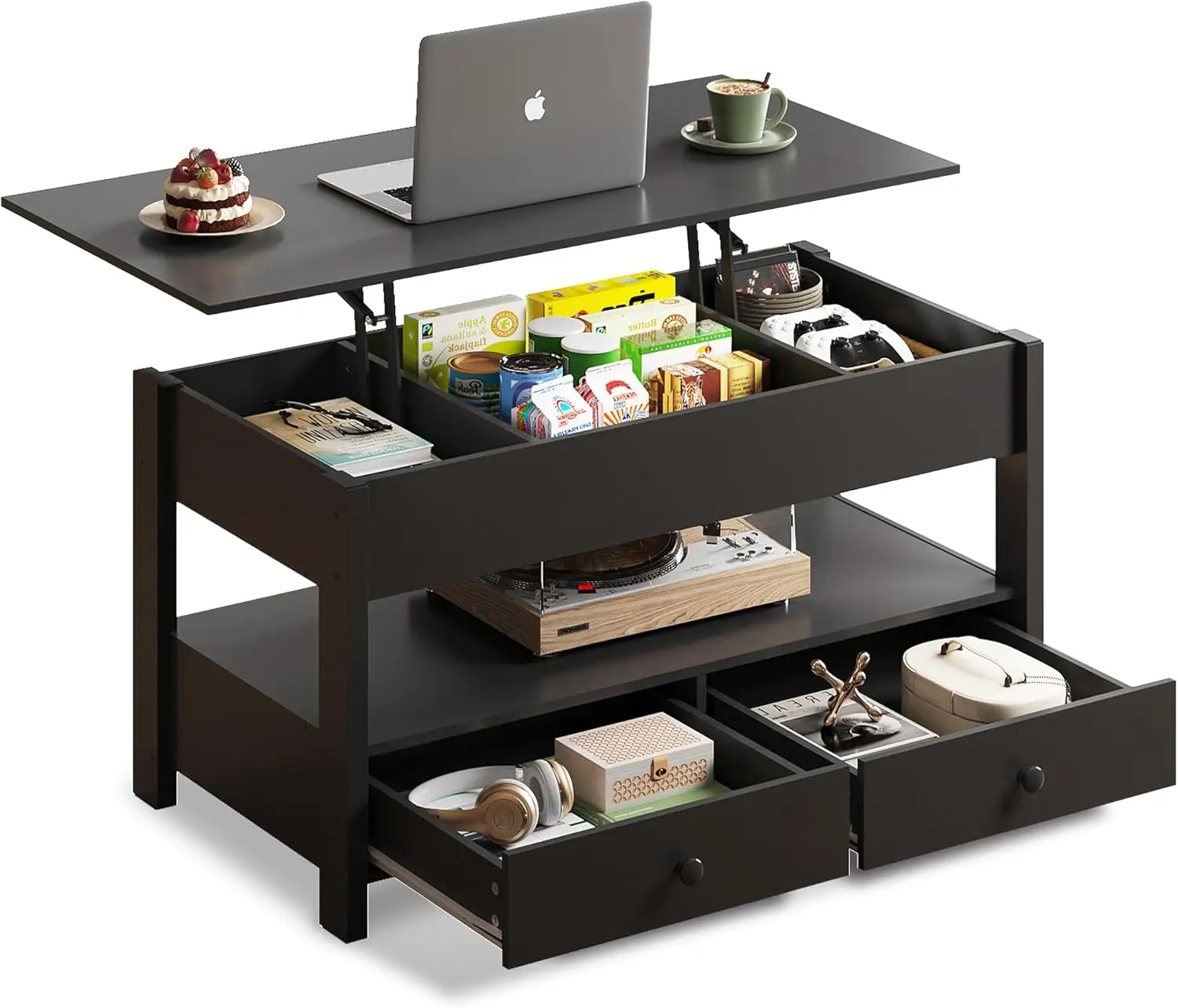 

Coffee Table, Lift Top Coffee Table with Drawers, Large Hidden Compartment and Open Storage Shelf, Wooden Lift Tabletop