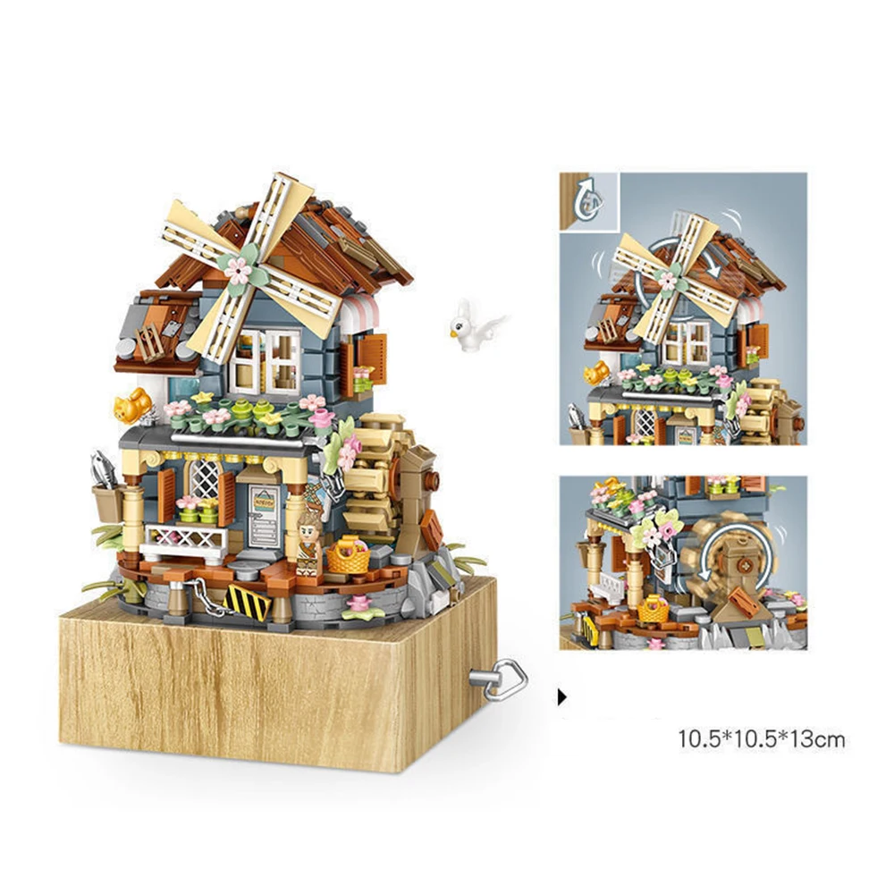 Idea Music Box Building Brick Windmill Village House Rural Mini Block Cartoon Figures Construction Model Sets Toys For Kids Gift