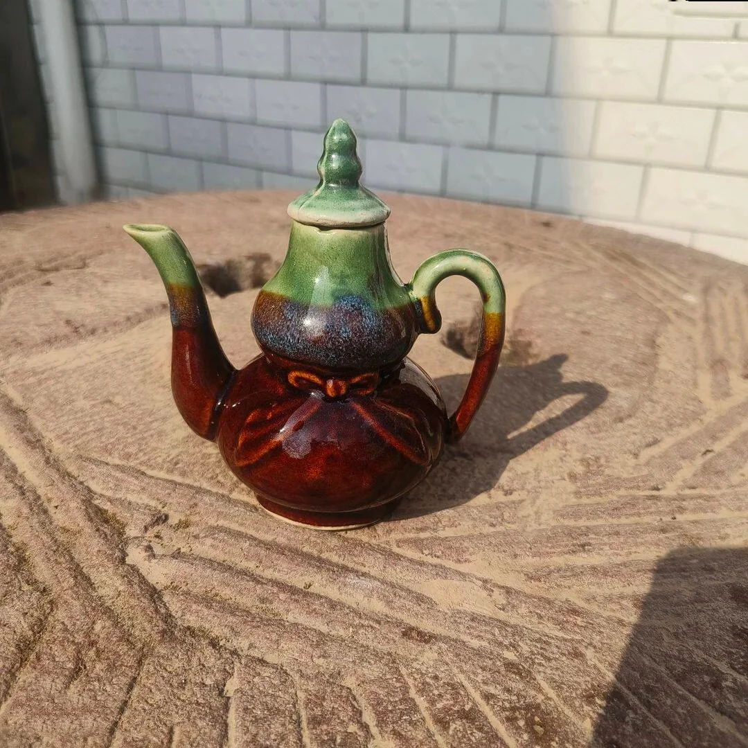 Vintage Old style gourd wine pot Jun porcelain antique ceramic teapot folk art collection desktop decoration modern handicraft