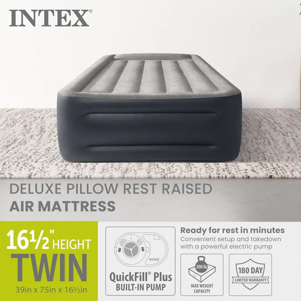 INTEX 64131ED Dura-Beam Plus Deluxe Pillow Air Mattress, Fiber-Tech Twin Size, Built-in Electric Pump, 16.5in Height, 300lb