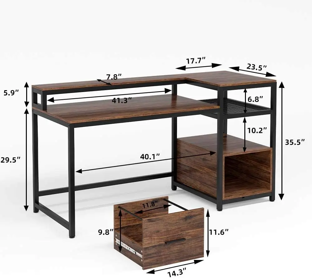 Computer Desk with Hutch and Storage Shelves, 59 inch Large Rustic Home Office Desk Computer Table Study Writing Desk
