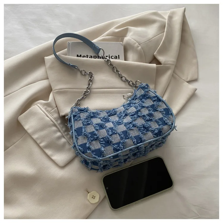 Damen-Tragetasche mit Sternmuster, blauem Distressed-Design, goldfarbene Hardware, stilvolle Handtasche, Umhängetasche für den täglichen Gebrauch – Detail 9