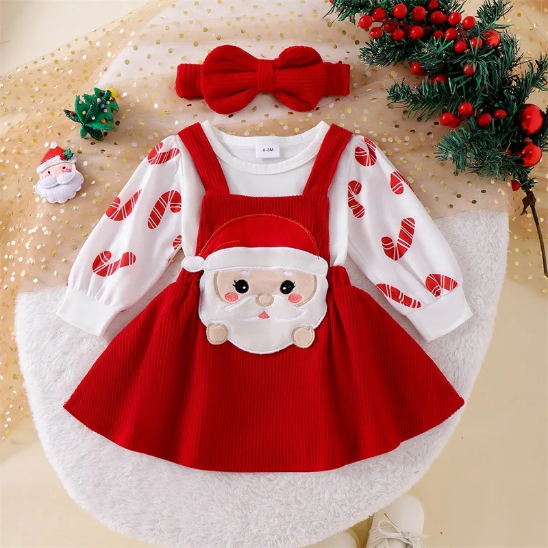 Baby Girls 3PCS Skirt Sets Long Sleeve Romper Santa Claus Ghost Turkey Embroidery Suspender Skirt Headband Sets