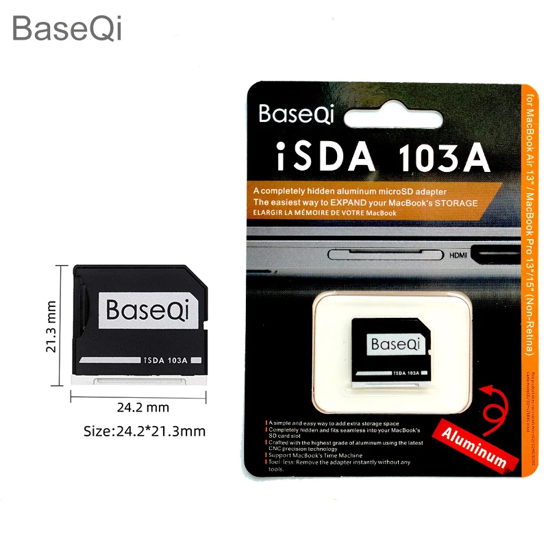 BaseQi For Macbook Air 13inch Year2009-2021/Mac Pro 13''&15'' Year 2012 Aluminum Micro SD Card Adapter