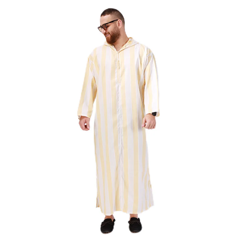 New Muslim Long Robe Men Arab Hoodie Muslim Pajamas Ethnic Costumes Gowns Men Robe Yellow Long Robe