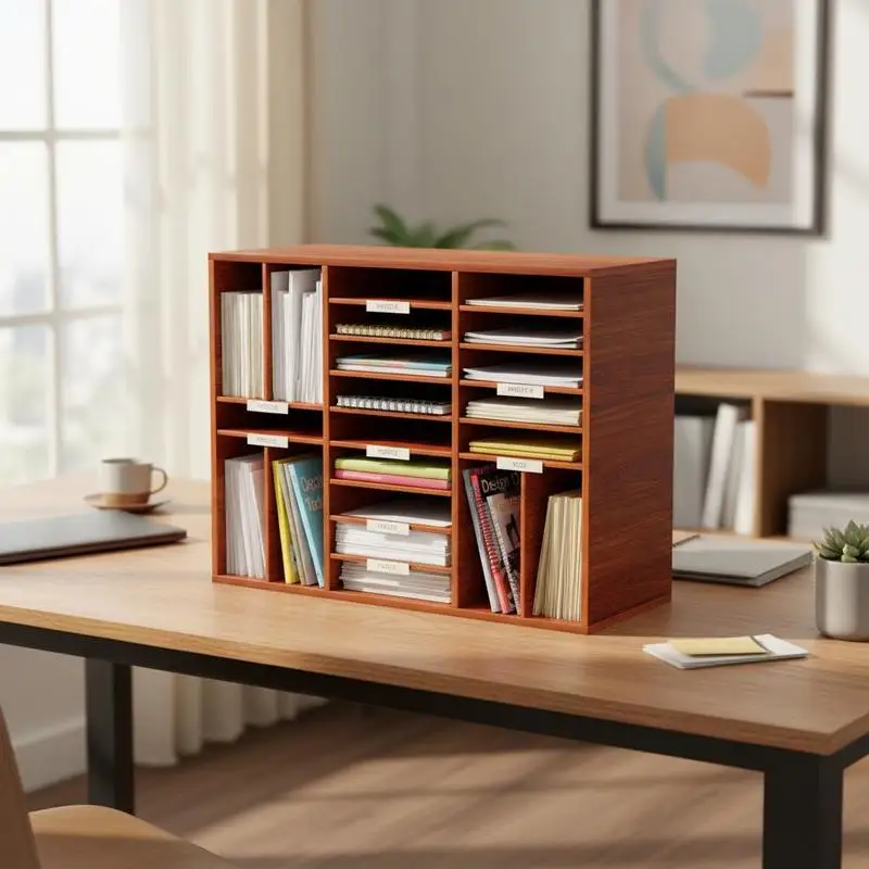

MDF File Sorter 20.1x11.8x24 Inches For Mailroom Classroom Office, 27 Adjustable Slots Removable Dividers Brown Finish Wood Texture Storage Unit For Paper Document Magazine Organization