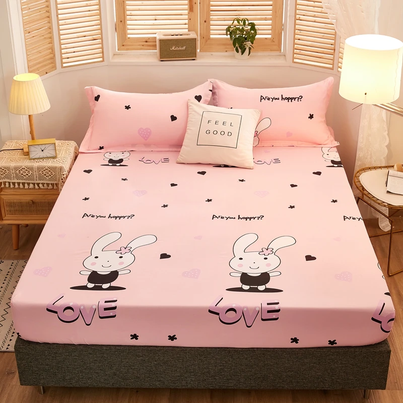 3pcs Pink Cartoon Rabbit Waterproof Fitted Sheet Set Letter Printed Dustproof Bed Cover Adult Kid Bedspread with Pillowcase