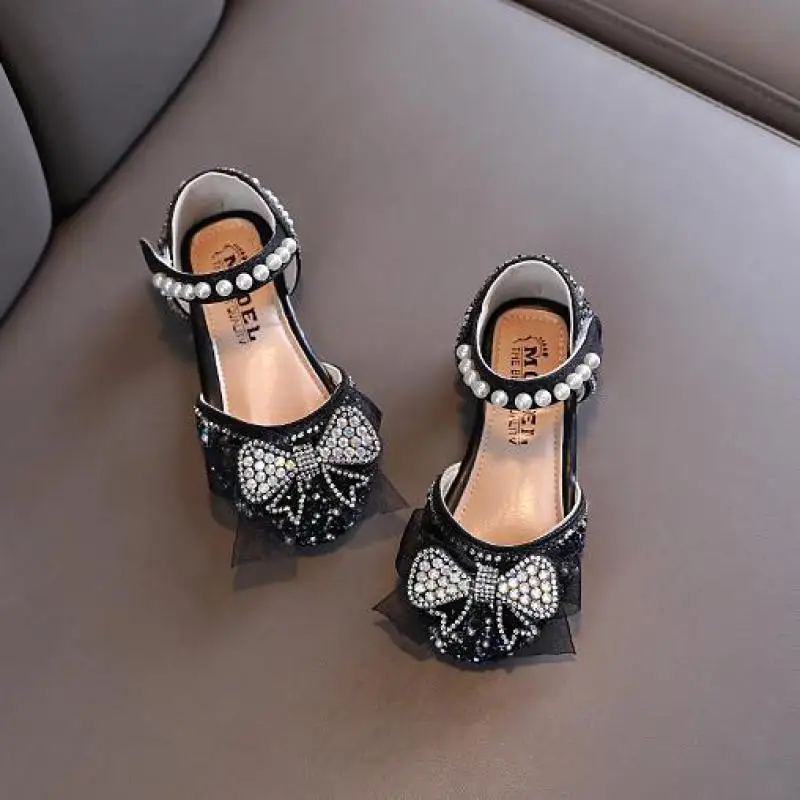 Princess Girl Silver Sandals Shoes Bowknot Sandals Summer New Pearls Sequins Rhinestone Party Wedding Non Slip Flat Shoes