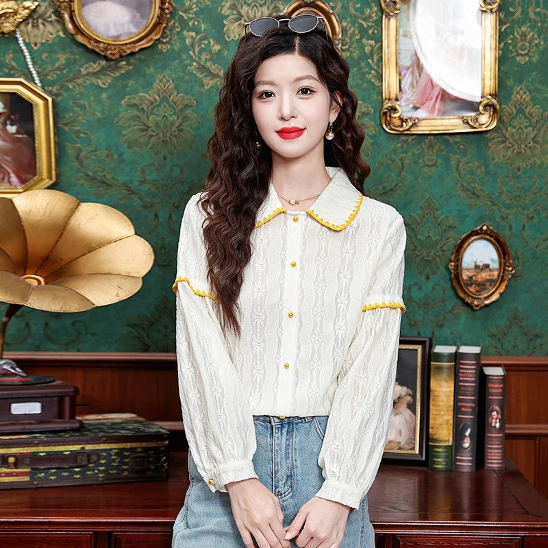 Vintage Women's Shirt Solid Casual Shirt Fashion Loose Spring/Summer Korean Clothing Long Sleeve Chiffon Women Top 3