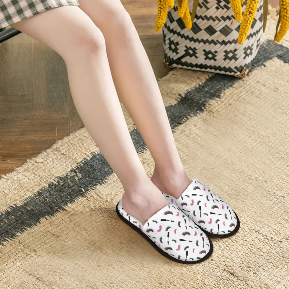 Custom Lashes And Mascara With Pink Glitter Pattern Slippers Memory Foam Warm Soft Women House Slipper Indoor Cozy Shoes - view 2