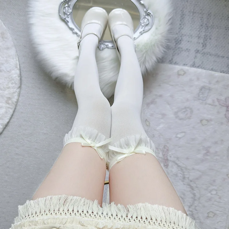 Two-dimensional (2D) Style Short-height Over-the-knee Socks  JK-style Black-and-white Layered Socks with Lace Trim