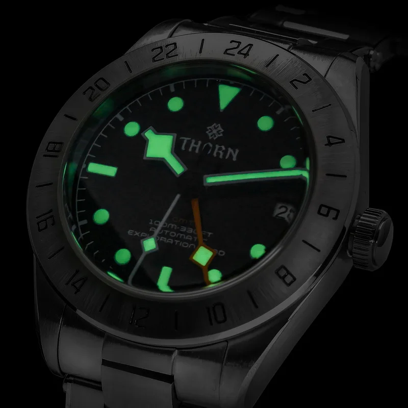 THORN Men Automatic Watch 39MM GMT Mechanical Wristwatch 10Bar Waterproof C3 Luminous Sapphire Mirror NH34 Military