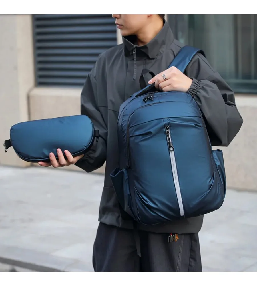 Leather film men’s backpack solid color textured design large capacity for business casual campus and notebook use