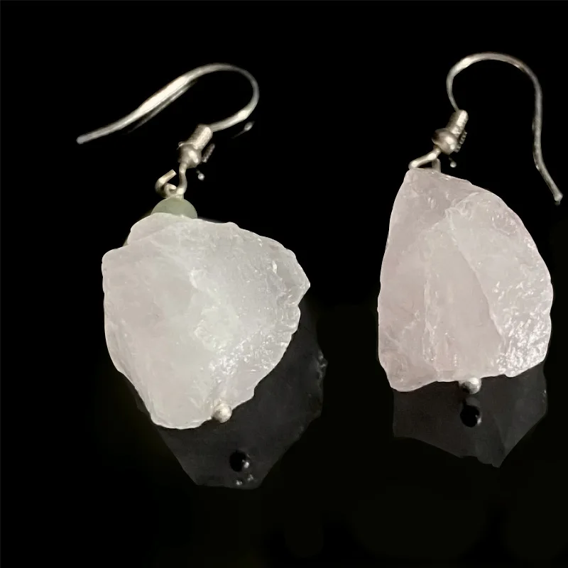 

Unpolished natural raw ore powder crystal raw stone earrings 925 silver hook niche fresh fairy fluttering girl