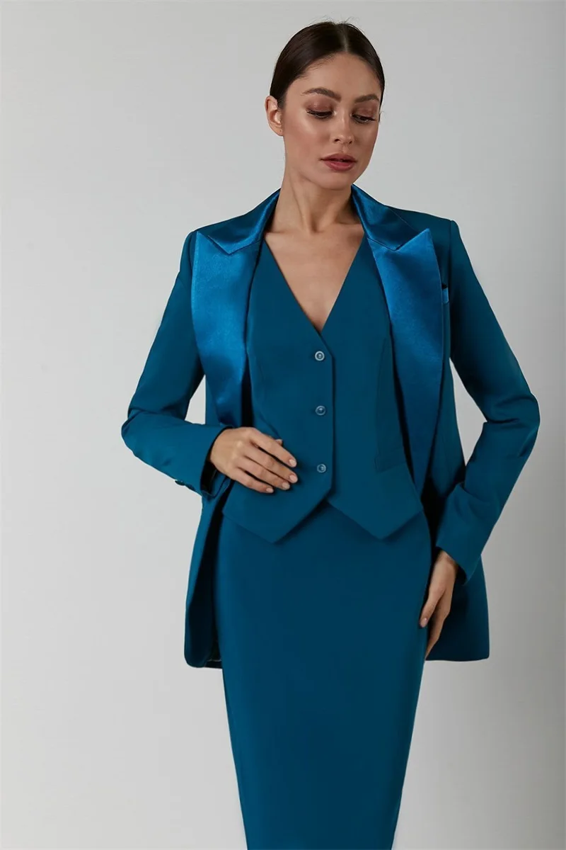 Designer 3 pçs ternos femininos conjunto saia blazer + colete + vestido de baile cetim lapela negócios senhora do escritório formal tornozelo comprimento feito sob encomenda