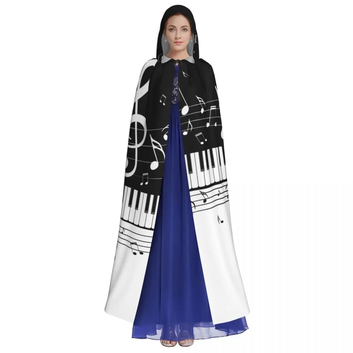 Abstract Piano Keys With Musical Notes Hooded Cloak Polyester Unisex Witch Cape Costume Accessory