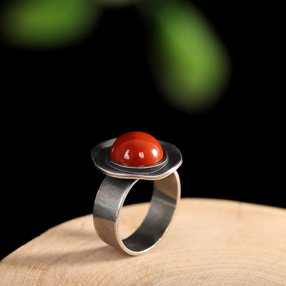 Retro Ethnic Nanjiang Red Agate Sliver Color Irregular Flying Saucer Shape Opening Ring for Women Stainless Steel Finger Jewelry